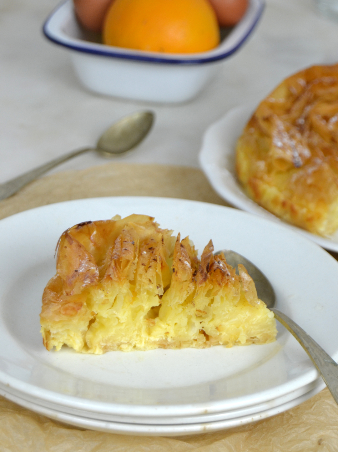 Tarta de masa filo y flan. Ruffle milk pie